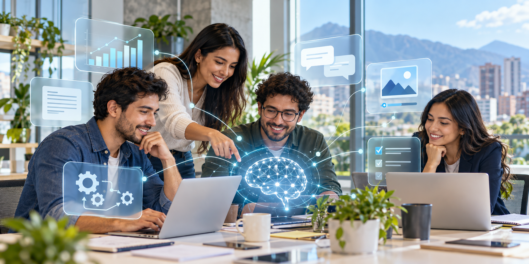 Equipo profesional utilizando inteligencia artificial para mejorar su forma de trabajar